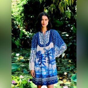 NWT Farm Rio Palm Tree Off White and blue balloon sleeve mini dress womens Small